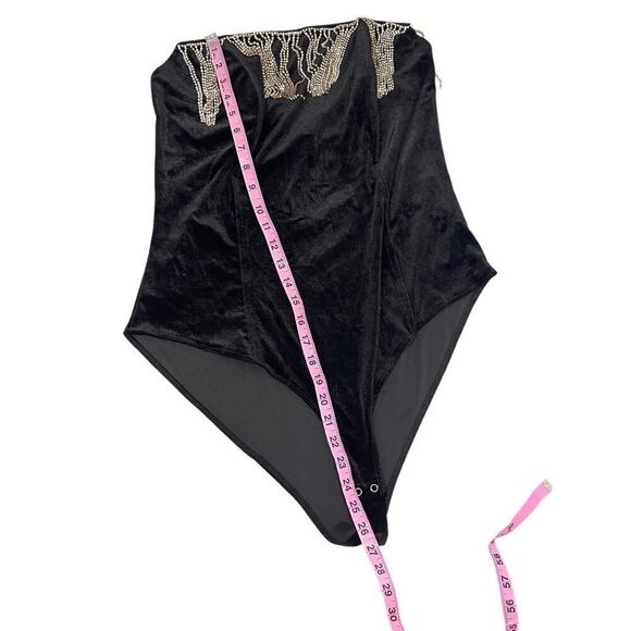 Forever 21 Black Velvet Rhinestone Fringe Strapless Bodysuit Womens 1XL New - Picture 10 of 10